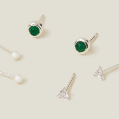 3-Pack Sterling Silver-Plated Green Quartz Studs