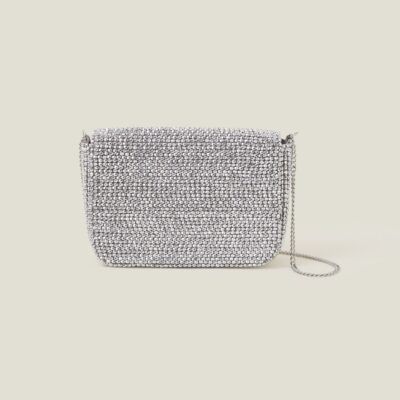 Fold Over Beaded Clutch Bag Silver