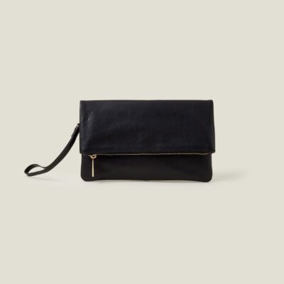 Leather Fold-Over Clutch Bag Black