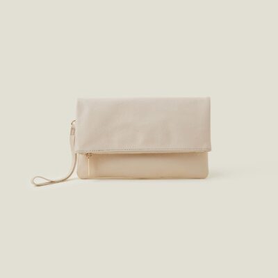 Leather Fold-Over Clutch Bag Cream