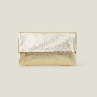 Leather Metallic Fold Over Clutch Gold