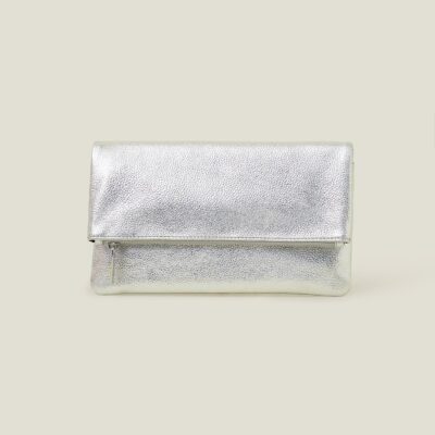 Leather Metallic Fold Over Clutch Silver