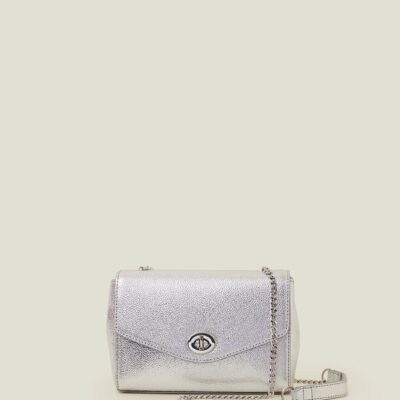 Leather Chain Twist Lock Bag Silver