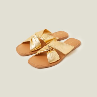 Metallic Leather Knot Sandals Gold