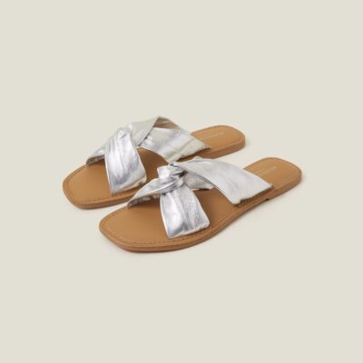 Metallic Leather Knot Sandals Silver