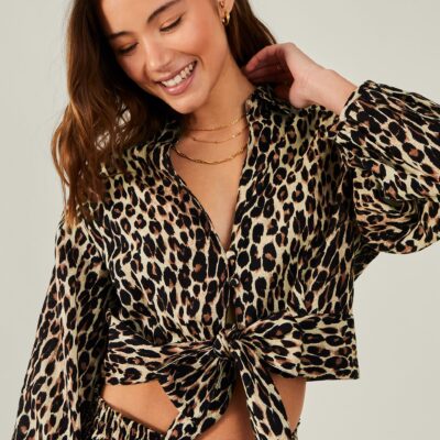 Leopard Print Tie Front Shirt Brown