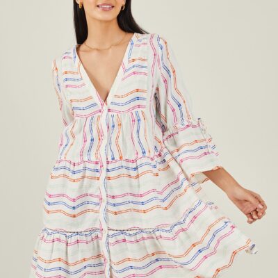 Stripe Flute Sleeve Dress White