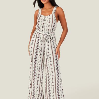 Fan Print Crinkle Jumpsuit White