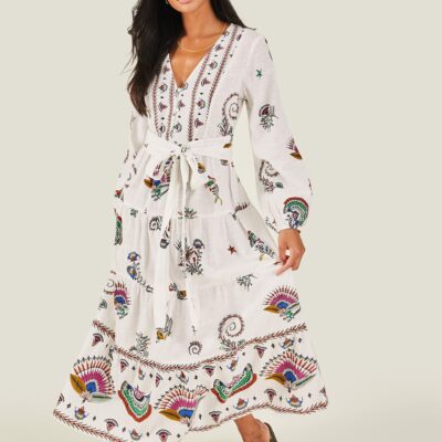 Fan Print Long Sleeve Tiered Dress Ivory