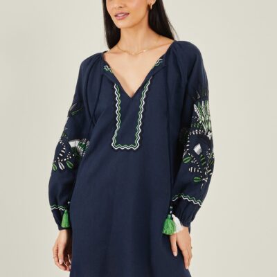 Fan Embroidered Beach Dress Blue