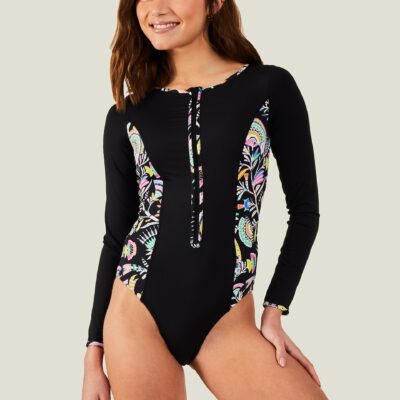 Long Sleeve Panel Swimsuit Black