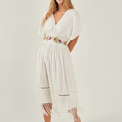 Embroidered Tassel Kaftan Ivory