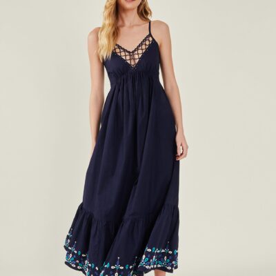 Embroidered Hem Sun Dress Blue