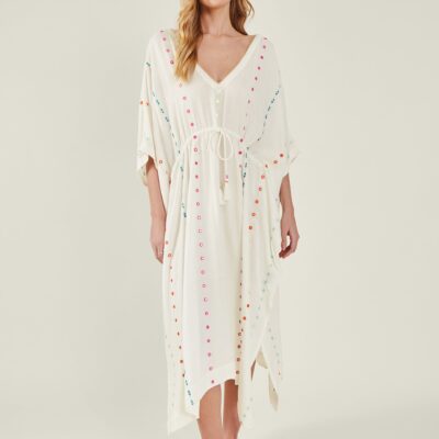 Embroidered Mirror Kaftan White