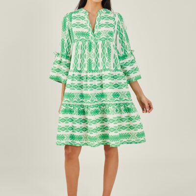 Print Jacquard Flute Sleeve Dress Green